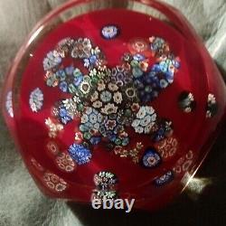 Vintage Murano Glass Millefiori Paperweight Red & Multicolor with Clear Overlay