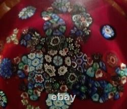 Vintage Murano Glass Millefiori Paperweight Red & Multicolor with Clear Overlay