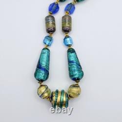 Vintage Murano Glass Necklace Blue Gold Foil Lampwork Bead Colorful Knotted
