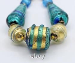 Vintage Murano Glass Necklace Blue Gold Foil Lampwork Bead Colorful Knotted