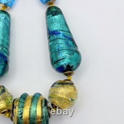 Vintage Murano Glass Necklace Blue Gold Foil Lampwork Bead Colorful Knotted