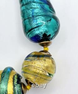 Vintage Murano Glass Necklace Blue Gold Foil Lampwork Bead Colorful Knotted