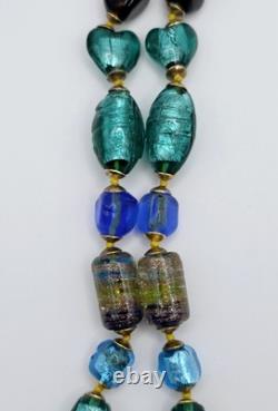 Vintage Murano Glass Necklace Blue Gold Foil Lampwork Bead Colorful Knotted