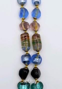 Vintage Murano Glass Necklace Blue Gold Foil Lampwork Bead Colorful Knotted