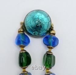 Vintage Murano Glass Necklace Blue Gold Foil Lampwork Bead Colorful Knotted