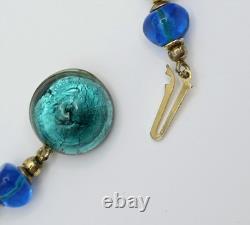 Vintage Murano Glass Necklace Blue Gold Foil Lampwork Bead Colorful Knotted