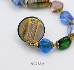 Vintage Murano Glass Necklace Blue Gold Foil Lampwork Bead Colorful Knotted