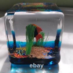 Vintage Murano Glass Paperweight Aquarium Mid Century Cube Rare