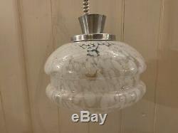 Vintage Murano Glass Pendant Light, Mottled White Shade, Aluminium Mid Century