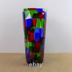 Vintage Murano Glass Pezzato Vase 11.75x4.75 VGC Red Blue Green & Clear Patch