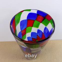 Vintage Murano Glass Pezzato Vase 11.75x4.75 VGC Red Blue Green & Clear Patch