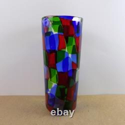 Vintage Murano Glass Pezzato Vase 11.75x4.75 VGC Red Blue Green & Clear Patch