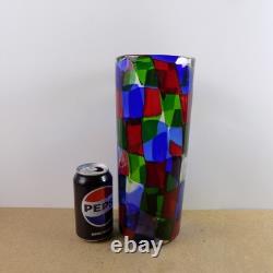Vintage Murano Glass Pezzato Vase 11.75x4.75 VGC Red Blue Green & Clear Patch