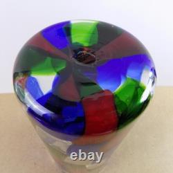 Vintage Murano Glass Pezzato Vase 11.75x4.75 VGC Red Blue Green & Clear Patch