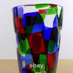 Vintage Murano Glass Pezzato Vase 11.75x4.75 VGC Red Blue Green & Clear Patch