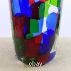 Vintage Murano Glass Pezzato Vase 11.75x4.75 VGC Red Blue Green & Clear Patch