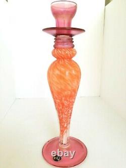 Vintage Murano Glass Pink Orange Swirl White Cristal Italy Candle Holder Pillar