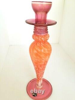 Vintage Murano Glass Pink Orange Swirl White Cristal Italy Candle Holder Pillar