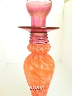 Vintage Murano Glass Pink Orange Swirl White Cristal Italy Candle Holder Pillar