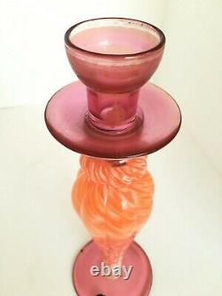 Vintage Murano Glass Pink Orange Swirl White Cristal Italy Candle Holder Pillar