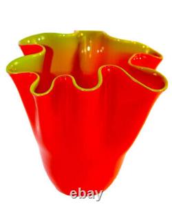 Vintage Murano Glass Red & Green Handkerchief Ruffle Vase