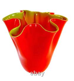 Vintage Murano Glass Red & Green Handkerchief Ruffle Vase