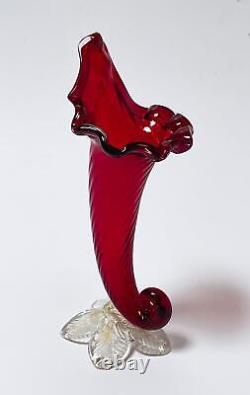 Vintage Murano Glass Ruby Red Cornucopia Vase Italian