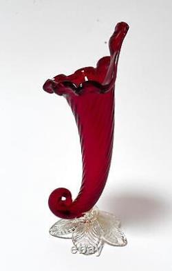 Vintage Murano Glass Ruby Red Cornucopia Vase Italian