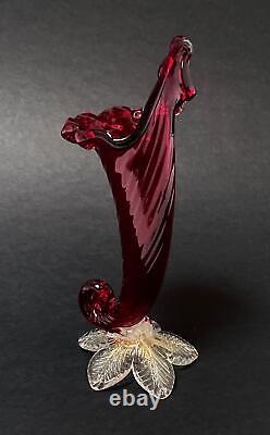 Vintage Murano Glass Ruby Red Cornucopia Vase Italian