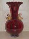 Vintage Murano Glass Ruby Red Pigeon Blood Vase With Applied Dolphins 10 3/4