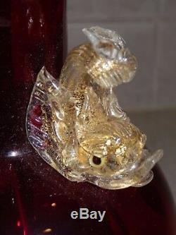 Vintage Murano Glass Ruby Red Pigeon Blood Vase With Applied Dolphins 10 3/4