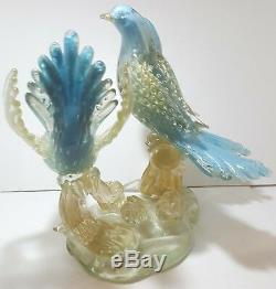 Vintage Murano Glass Sculpture Birds on Branch Controlled Bubble Gold Aventurine
