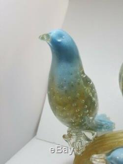 Vintage Murano Glass Sculpture Birds on Branch Controlled Bubble Gold Aventurine