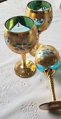 Vintage Murano Glass Set of Three Hand Painted Venetian Wine Goblets GORGEOUS