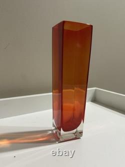 Vintage Murano Glass Sommerso Block Vase Mandruzzato Red Orange Italian 17.5cm