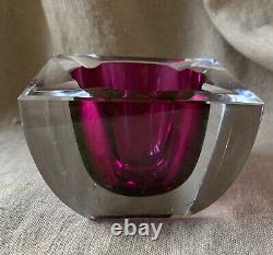 Vintage Murano Glass Sommerso Italy Square Cube Ashtray Bowl Fuchsia Amethyst