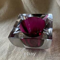 Vintage Murano Glass Sommerso Italy Square Cube Ashtray Bowl Fuchsia Amethyst