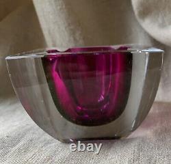 Vintage Murano Glass Sommerso Italy Square Cube Ashtray Bowl Fuchsia Amethyst