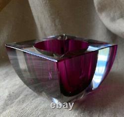 Vintage Murano Glass Sommerso Italy Square Cube Ashtray Bowl Fuchsia Amethyst