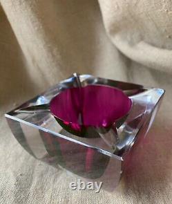 Vintage Murano Glass Sommerso Italy Square Cube Ashtray Bowl Fuchsia Amethyst