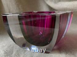 Vintage Murano Glass Sommerso Italy Square Cube Ashtray Bowl Fuchsia Amethyst