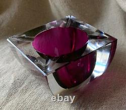 Vintage Murano Glass Sommerso Italy Square Cube Ashtray Bowl Fuchsia Amethyst