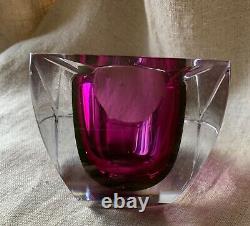 Vintage Murano Glass Sommerso Italy Square Cube Ashtray Bowl Fuchsia Amethyst