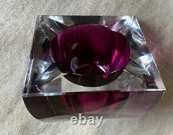 Vintage Murano Glass Sommerso Italy Square Cube Ashtray Bowl Fuchsia Amethyst