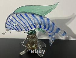 Vintage Murano Glass Striped Fish On Stand Blue Excellent Condition
