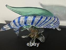 Vintage Murano Glass Striped Fish On Stand Blue Excellent Condition
