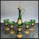 Vintage Murano Glass Tre Fuochi Emerald Green Gold Decanter & 5 Goblets Set