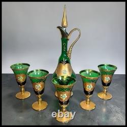Vintage Murano Glass Tre Fuochi Emerald Green Gold Decanter & 5 Goblets Set