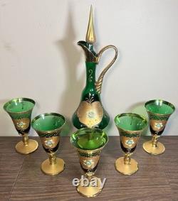 Vintage Murano Glass Tre Fuochi Emerald Green Gold Decanter & 5 Goblets Set