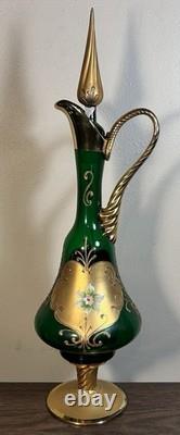 Vintage Murano Glass Tre Fuochi Emerald Green Gold Decanter & 5 Goblets Set